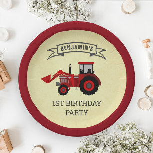 Red Farm Tractor Kids Birthday Party Paper Plate