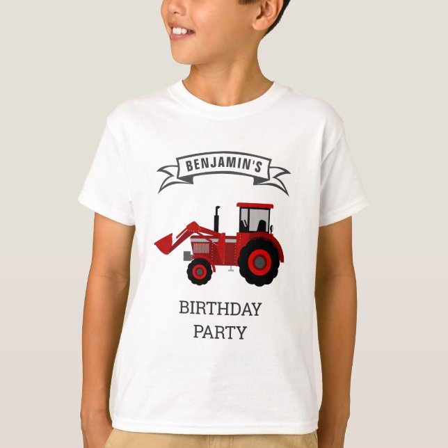 Red Farm Tractor Kids Birthday Party T-Shirt (Front)
