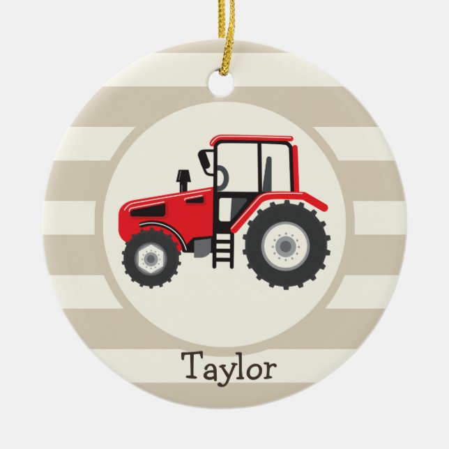 Red Farm Tractor on Tan Stripes Ceramic Tree Decoration (Front)