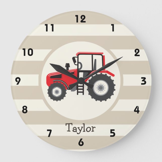 Red Farm Tractor on Tan Stripes Large Clock (Front)