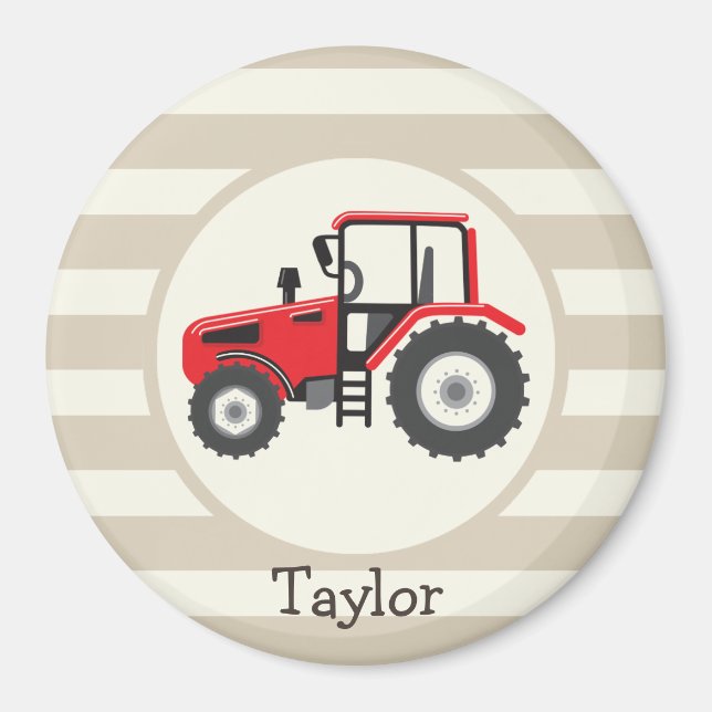 Red Farm Tractor on Tan Stripes Magnet (Front)