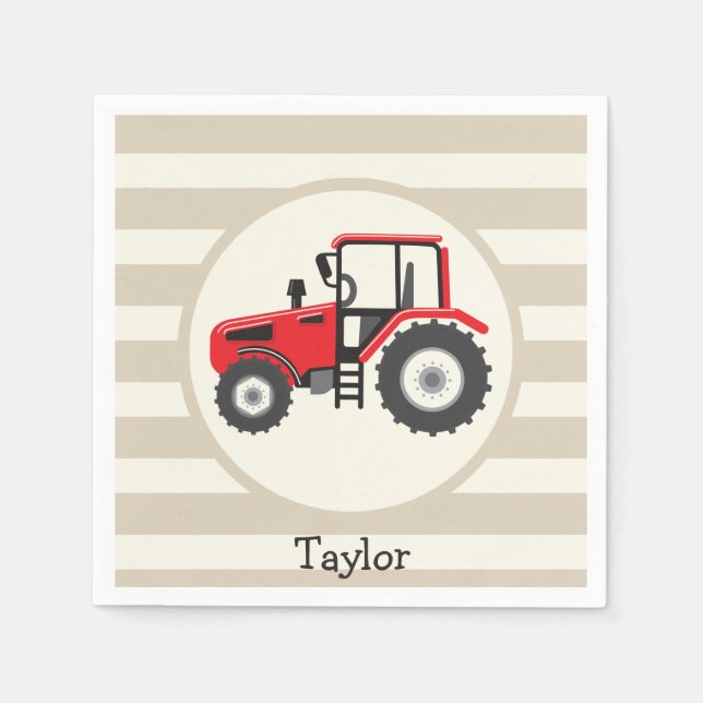 Red Farm Tractor on Tan Stripes Napkin (Front)