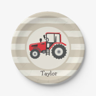 Red Farm Tractor on Tan Stripes Paper Plate