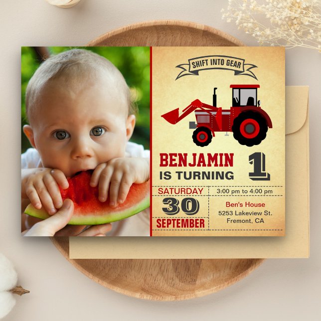 Red Farm Tractor Photo 1st First Birthday Party Invitation (Creator Uploaded)