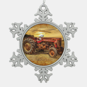 Red Farm Tractor Snowflake Pewter Christmas Ornament
