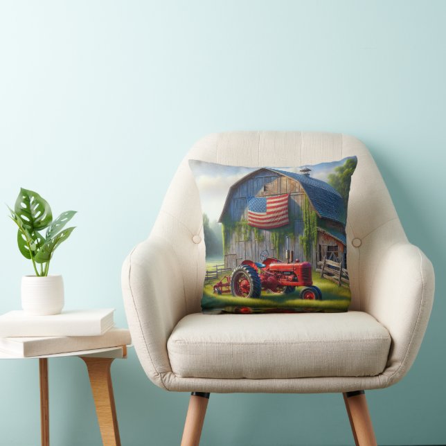 Red Farm Tractor With American Flag On a Barn Cushion (Chair)