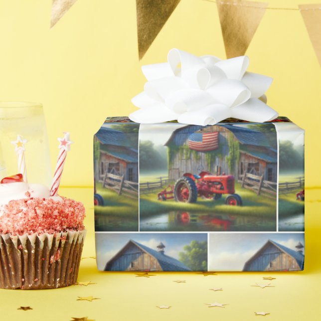 Red Farm Tractor With Patriotic Barn Wrapping Paper (Birthday Party)