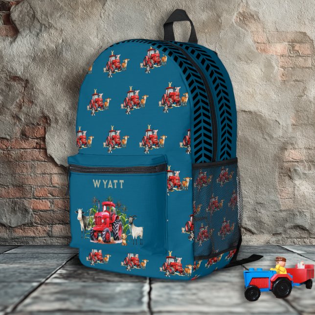 Red Farm Tractors Kids Personalised Teal Blue Printed Backpack (Creator Uploaded)