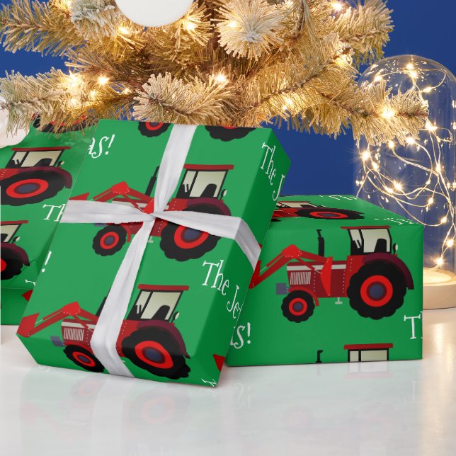 Red Farm Tractors on Green Christmas Wrapping Pape Paper (Holidays)