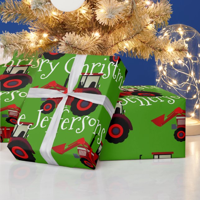 Red Farm Tractors on Green Christmas Wrapping Paper (Holidays)