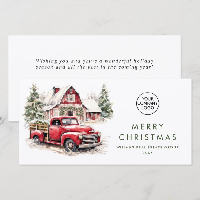 Red Farm Truck Christmas Corporate Greeting Holiday Card (Front/Back)