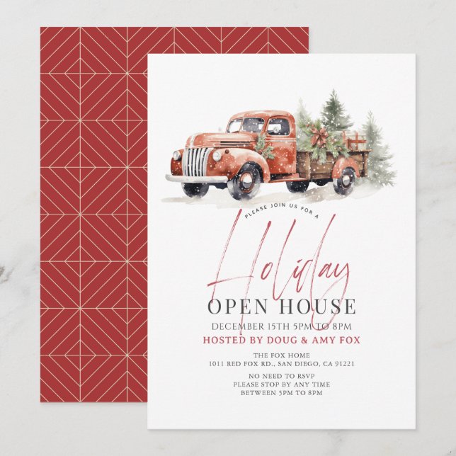 Red Farm Truck Christmas Holiday Open House Invitation (Front/Back)