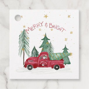 Red Farm Truck Gnome Christmas Trees Family Name Favour Tags