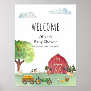 Red Farmer Barnyard Tractor Baby Shower Welcome Poster