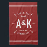 Red Farmhouse Arrow Monogram | Editable Colours Tea Towel<br><div class="desc">Farmhouse holiday kitchen towel personalised with your family name, monogram initials, city and established date in a trendy logo crest. Use the design tools to choose any background colour, edit the text fonts and colours or upload your own photos to create a one of a kind design. The perfect touch...</div>