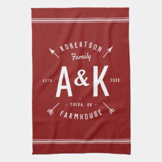 Red Farmhouse Arrow Monogram | Editable Colours Tea Towel