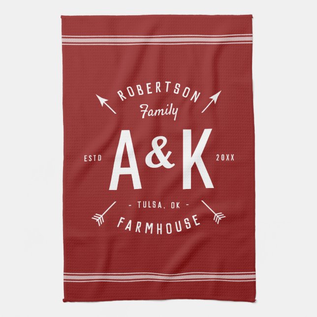 Red Farmhouse Arrow Monogram | Editable Colours Tea Towel (Vertical)