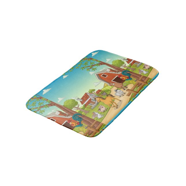 Red Farmhouse Barn and Farmyard Animals  Bath Mat (Angled)