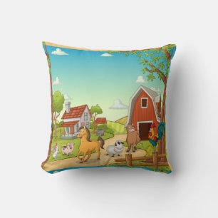 Red Farmhouse Barn and Farmyard Animals Cushion