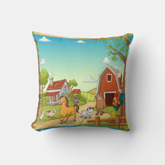 Red Farmhouse Barn and Farmyard Animals     Cushion (Front)