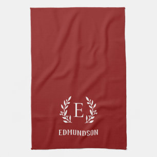 Red Farmhouse Branch Monogram   Editable Colours Tea Towel