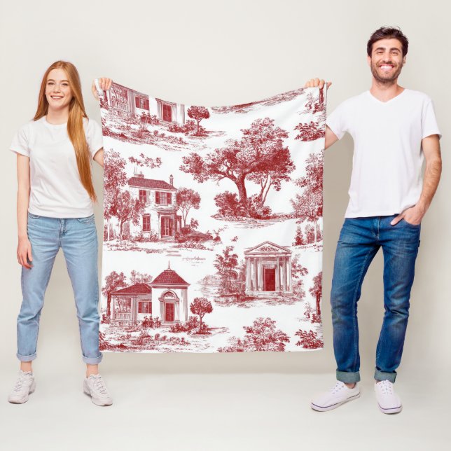Red Farmhouse Toile Scenic Tree Pattern Fleece Blanket (In Situ)