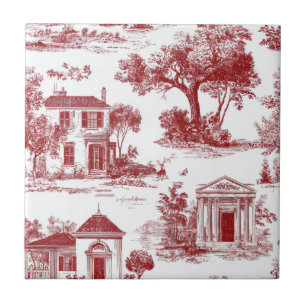 Red Farmhouse Toile Scenic Tree Pattern Tile