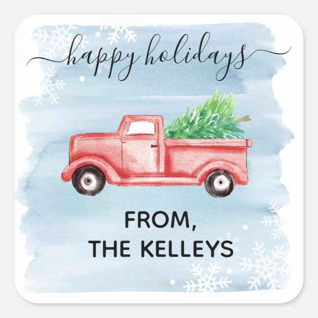 Red Farmhouse Truck Holiday Gift Square Sticker (Front)