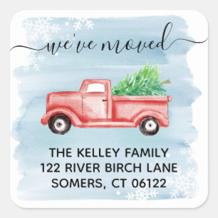Red Farmhouse Truck Holiday Moving Address Square Sticker