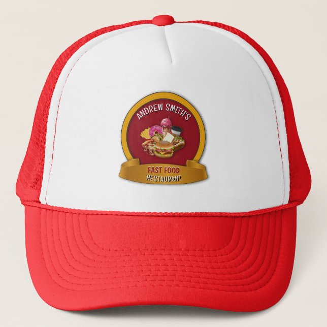 Red Fast Food Restaurant Custom Logo Name Business Trucker Hat (Front)
