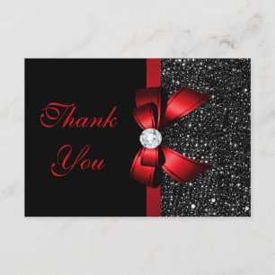 Red Faux Bow Black Sequins Diamond Thank You Card