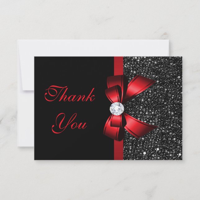 Red Faux Bow Black Sequins Diamond Thank You Card (Front)