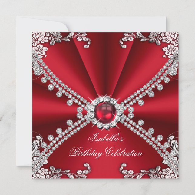 Red Faux Diamond Jewel Floral Birthday Party Invitation (Front)