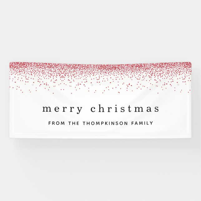Red Faux Glitter Border Name Merry Christmas Banner (Horizontal)