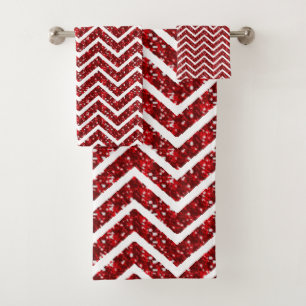 Red Faux Glitter Chevron Bath Towel Set