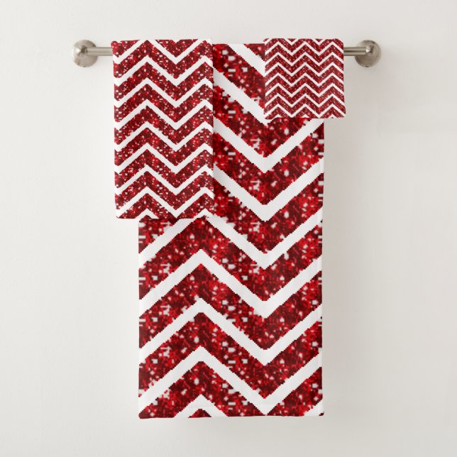 Red Faux Glitter Chevron Bath Towel Set (Insitu)