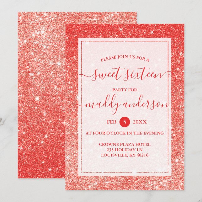 Red Faux Glitter Elegant Sweet 16 Birthday Invitation (Front/Back)