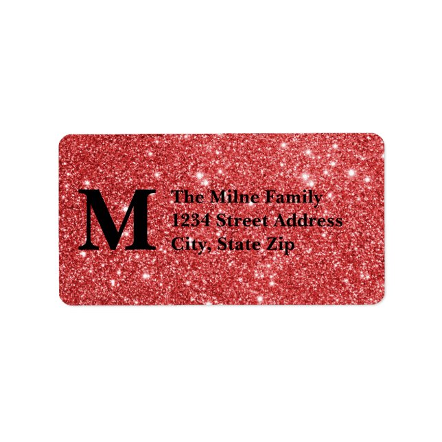 Red Faux Glitter Monogram Address Labels (Front)
