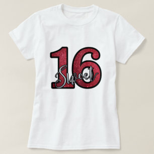 Red Faux Glitter Print Sweet Sixteen 16 Birthday T-Shirt