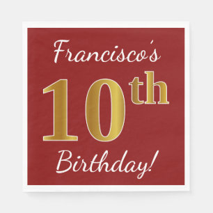 Red, Faux Gold 10th Birthday + Custom Name Napkin