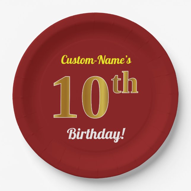 Red, Faux Gold 10th Birthday + Custom Name Paper Plate (Front)
