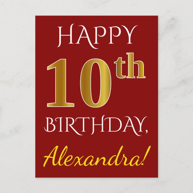 Red, Faux Gold 10th Birthday + Custom Name Postcard (Front)