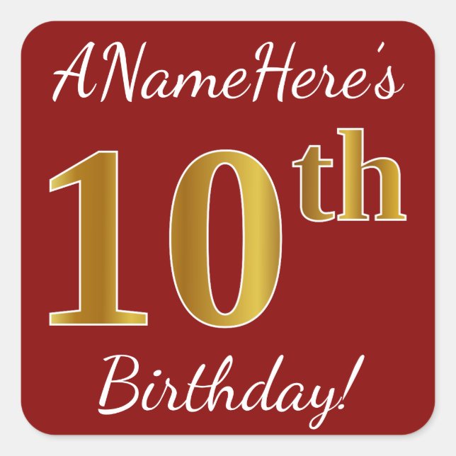 Red, Faux Gold 10th Birthday + Custom Name Sticker (Front)