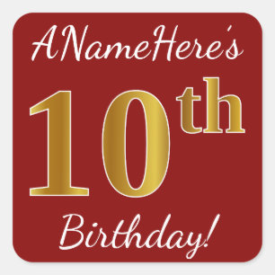 Red, Faux Gold 10th Birthday + Custom Name Sticker