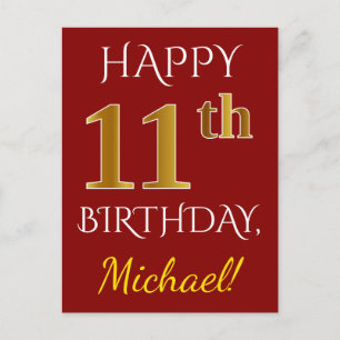 Red, Faux Gold 11th Birthday + Custom Name Postcard