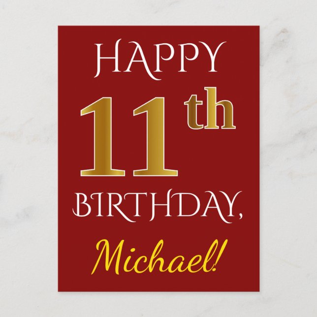 Red, Faux Gold 11th Birthday + Custom Name Postcard (Front)