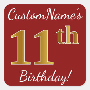 Red, Faux Gold 11th Birthday + Custom Name Sticker