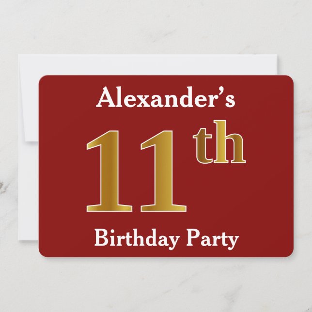 Red, Faux Gold 11th Birthday Party + Custom Name Invitation (Front)
