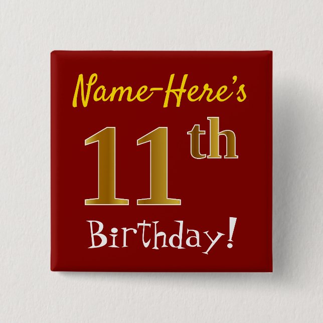 Red, Faux Gold 11th Birthday, With Custom Name 15 Cm Square Badge (Front)