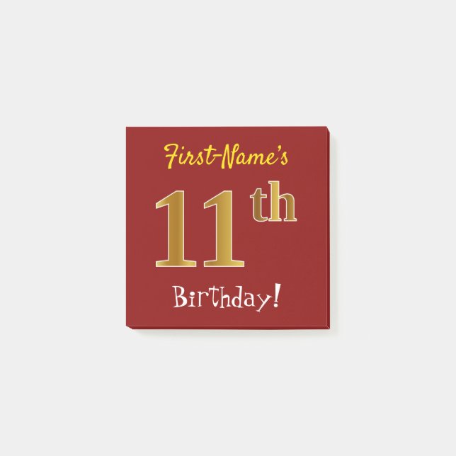 Red, Faux Gold 11th Birthday, With Custom Name Post-it Notes (Front)